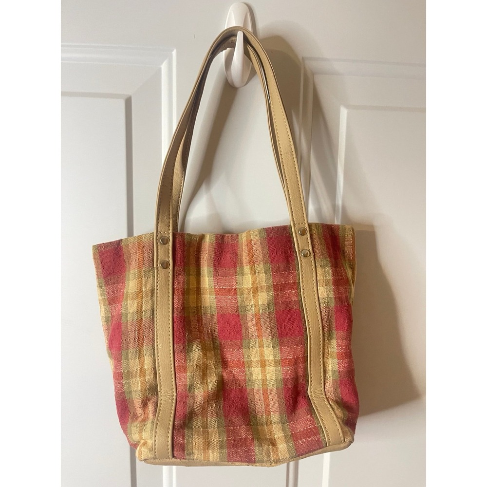 Vintage Longaberger Plaid Tote Bag Red & Tan Checker Fabric Purse w‎ Leather - Picture 3 of 4